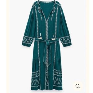 Zara NWT midi teal & white embroidered dress